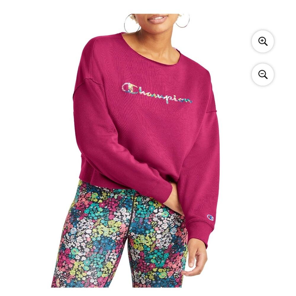 Champion Sweatshirt NWT French Terry Floral Logo Raw Neckline Pink Women’s L - Picture 2 of 6